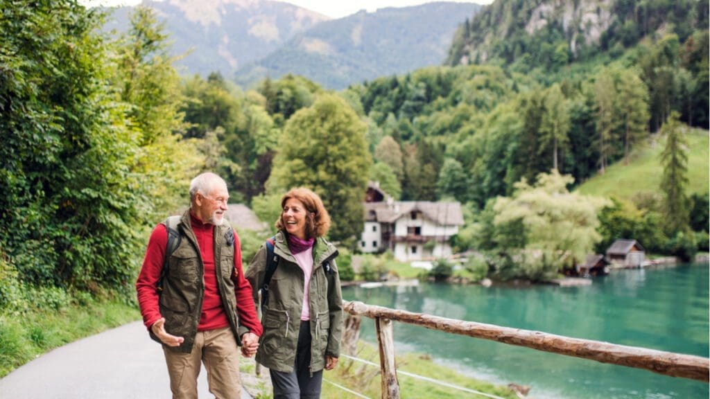 An older couple hiking
